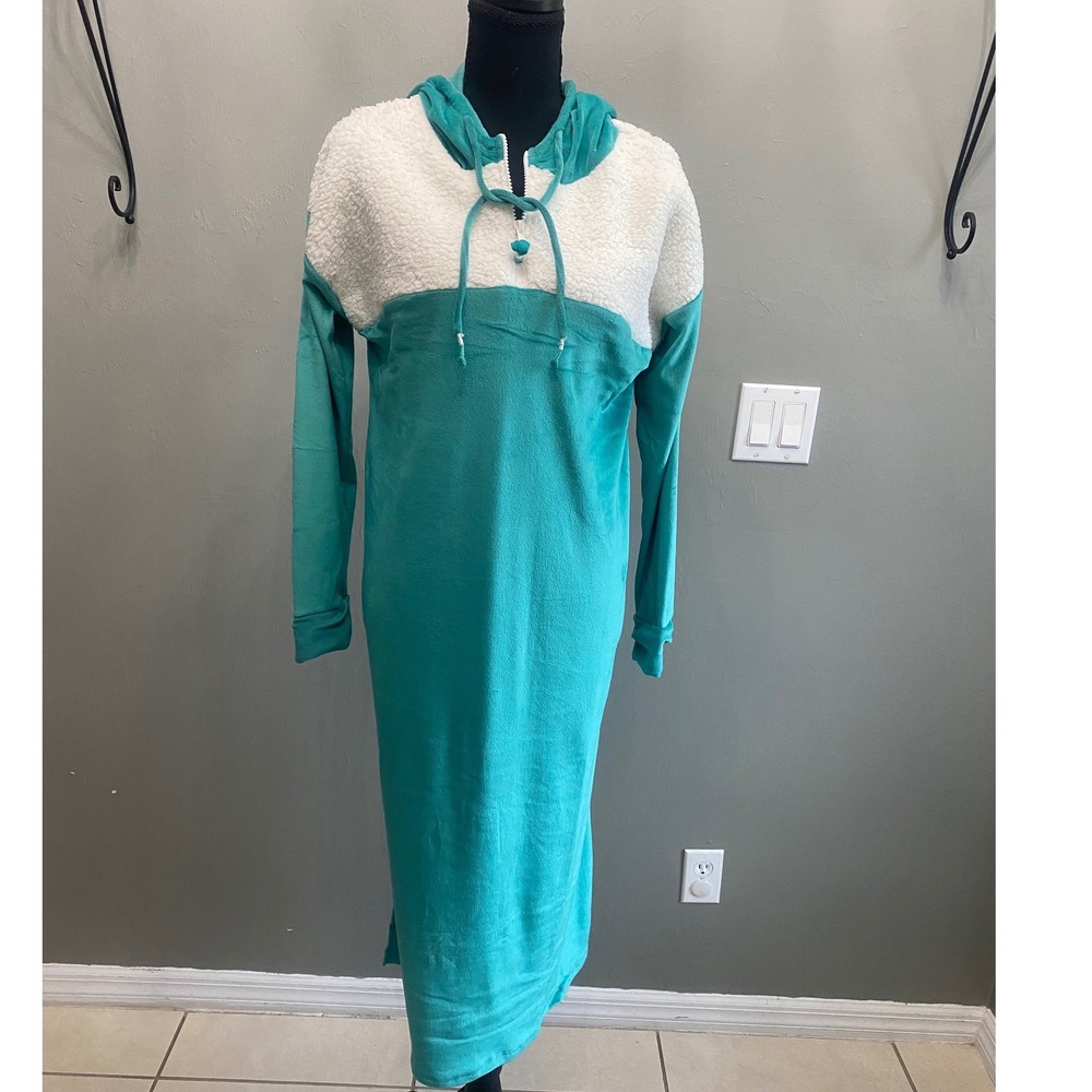 Cuddl Duds Womens Teal Sherpa Fleece Hooded Lounger Maxi Dress Small‎ 054